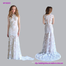 Sleeveless Floral Lace with Chapel Length Train Wedding Dress